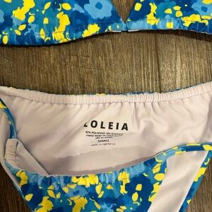 Loleia swim blue and yellow bikini with matching scrunchie